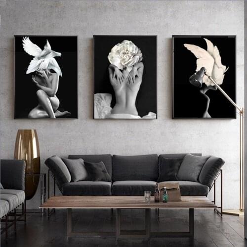 3 Pcs Full circular DIY 5D Diamond Painting Black White Flowers Feather Women Diamond Embroidery Cross Stitch Rhinestone decor