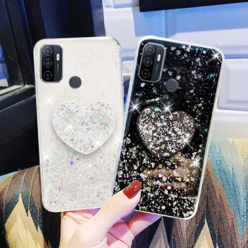 Bling Glitter Heart Holder Case For OPPO A53 Cases Soft Silicone Star Phone Cover for OPPO A53 A 53 A5 3 A32 A33 Covers Bumper