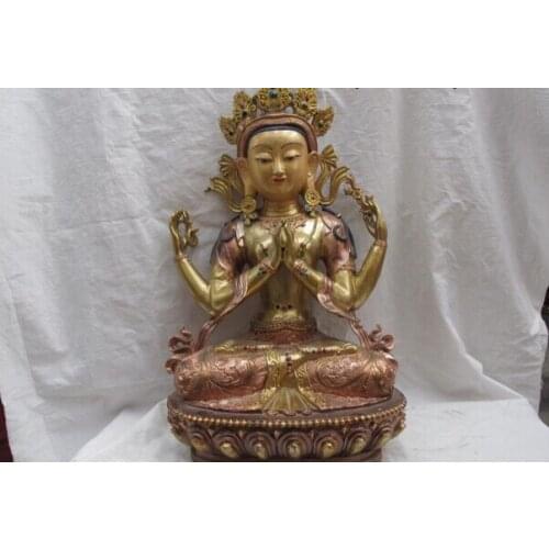 Fast shipping USPS to USA S1061 18 Buddhism Bronze Copper Gild Four arms Avalokitesvara Kwan-yin Guan Yin Statue