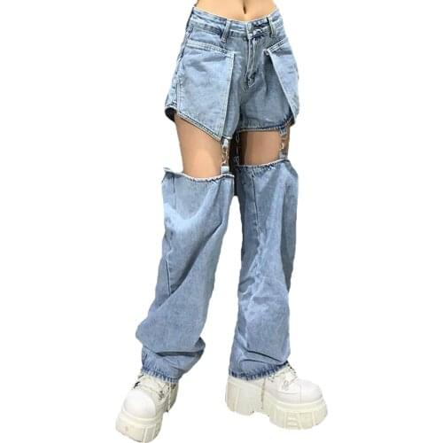 High street Jeans Women Splice Wide Leg Trousers Hip-hop cotton Loose Retro Chain Removable Cool Girls Womens Denim pants New