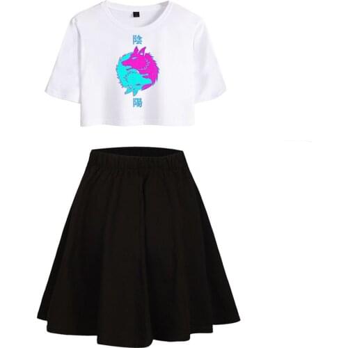 Vaporwave Print T-shirt Pleated Skirts Suit Women Fashion Sexy Crop T-shirt And Mini Short Skirt Female Clothing Collocation