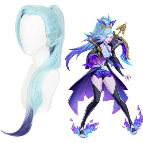 Game LOL Vayne Cosplay Wig Spirit Blossom Mint Blue Mixed Green Synthetic Hair Ponytail Heat Resistant Hair Halloween Party