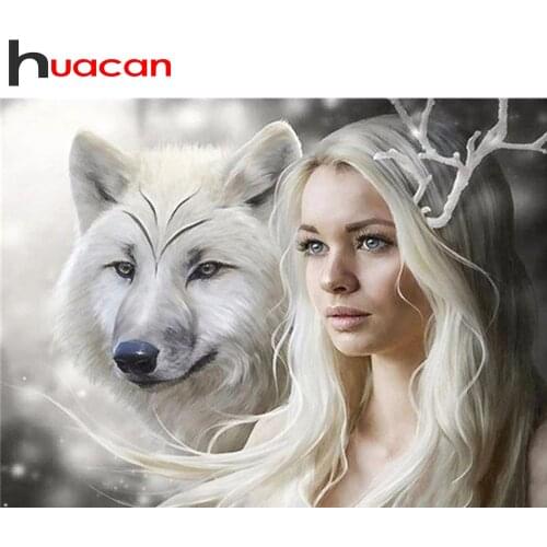Huacan 5D Diamond Painting Mosaic Woman Wolf Diamond Embroidery With Square Rhinestones Bird Girl Portrait DIY Stitch Picture