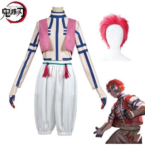 Anime Demon Slayer Akaza Copsplay Costume Wig Uniform Top Pants Vest Full Set Halloween Adult Party Cosplay Costumes
