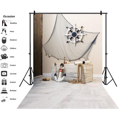 Laeacco Photo Backdrops Ship Anchor Gray Wooden Box Fishnet Baby Birthday Party Kid Portrait Photo Backgrounds For Photo Studio