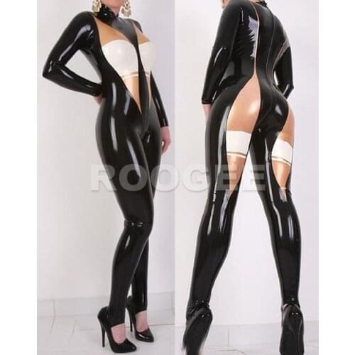 Best Selling Latex Jumpsuits sexy clothes in black with white and clear trim