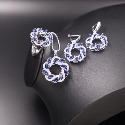 Many Colors Blue Zircon Big Lucky Circle Silver 925 Costume Jewelry For Women Earrings Ring Necklace Party Jewelry