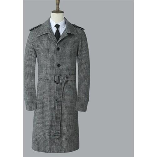 Mens woolen coat over-the-knee trench grey 2020 spring autumn new slim raglan double-breasted long clothes European jacket