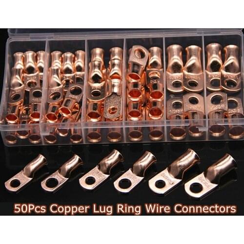 50Pcs AWG lug terminals Wire Ring Terminal Connectors Terminals Set Copper 8, 4, 2, 1, 1/0 AWG