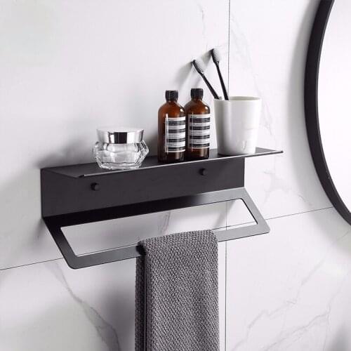 Wall Mount Black Aluminum Bathroom Shelf Shower Caddy Bath Rack with Bar and Hook for Towel Shampoo Shelves Storage Kitchen