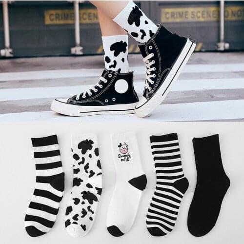Sweet Milk Cow Printed Striped Pattern Japanese Style Mid Tube Socks for Women Breathable Cotton Long Socks 1Pair Kawaii Sox