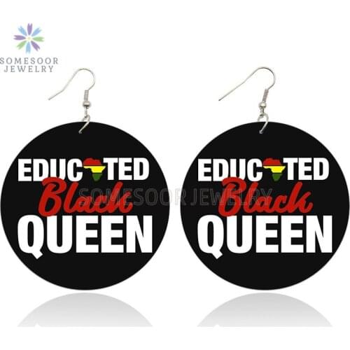 SOMESOOR Afro Eductaed Black Queen Wooden African Earrings 6CM Flat Round Photos Printed Wood Ear Jewelry For Women Gifts