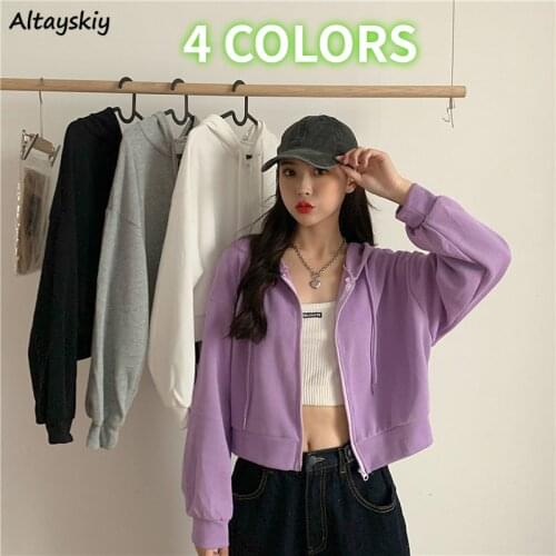 Hoodies Women Spring Zip-up Crop Tops Solid Sweatshirts Casual Preppy Stylish Hooded Outerwear Loose Purple Womens Hoodie Trendy