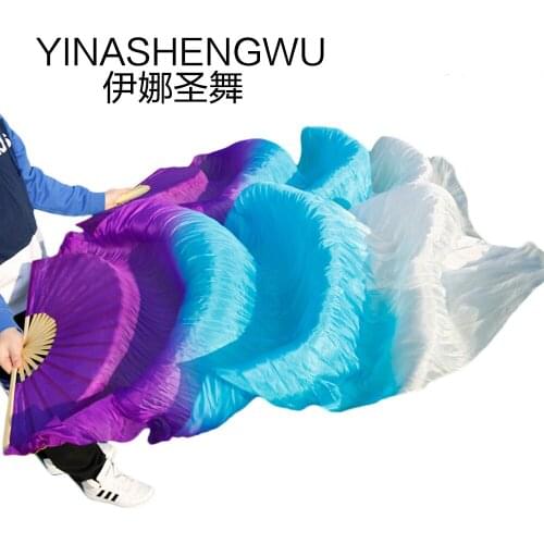 Stage Performance 100% Silk Belly Dance Fans Gradient Colour Dance Accessories Belly Dancing Silk Fans purple+turquoise+white