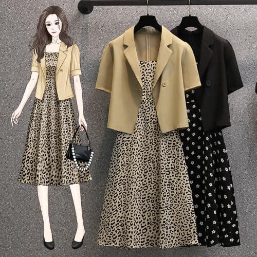 Office Ladies Blazer Two Piece Set Plus size Summer Short Sleeve Notched Solid Coat Straps Print Chiffon Dress Set 6181724