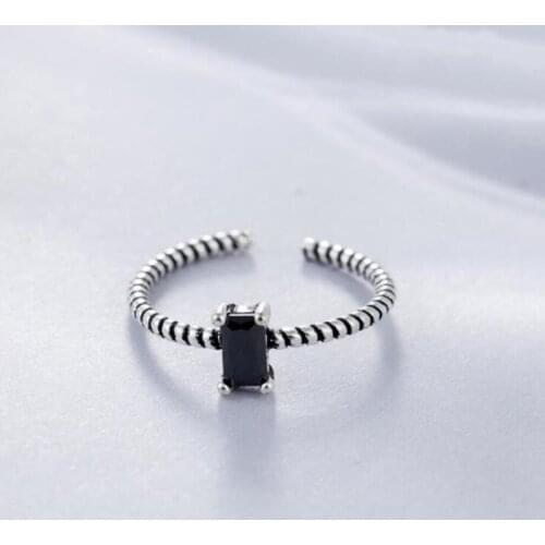 Sole Memory Retro Thai Silver Simple Geometric Black Zircon 925 Sterling Silver Female Resizable Opening Rings SRI237
