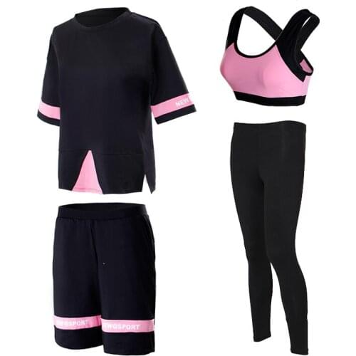 Fitness Women Yoga Set 4 in 1 Set Pink Yoga Bra & Yoga Pants & Shorts Patchwork Gym Clothes Sport Wear Running Outdoor Jog