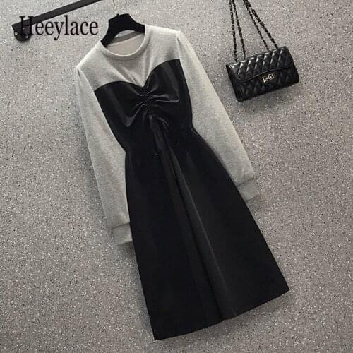 Plus Size 4XL Women Dresses Autumn Long Sleeve Patchwork Sweatshirt Dresses High Waist A-line Vestidos Korean Casual Draped Robe