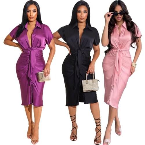 Short-Sleeved Shirt Dress Casual Womens 2021 Autumn New Solid Color Lace-Up Slim Mid-Length Skirt Sukienki Vestiti Donna Estate