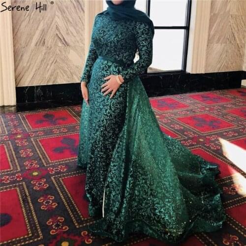 Serene Hill High Neck Mermaid Luxury Glitter Green Muslim Evening Dress Long Sleeves With Train Formal Party Gown 2020 CLA6326