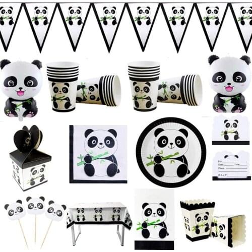 123pcs/lot Panda Cups Plates Napkins Tablecloth Flags Gifts Bags Popcorn Boxes Invitation Cards Cake Toppers Candy Box Tableware