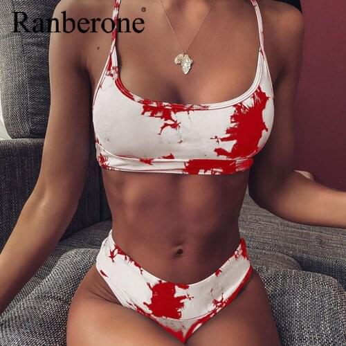 2020 Sexy 2 Piece Swimsuit Women Suits Tie-dye Gradient High Waist Sports Swimwear Swimming Beach Bikini Sets Biquini Bathers