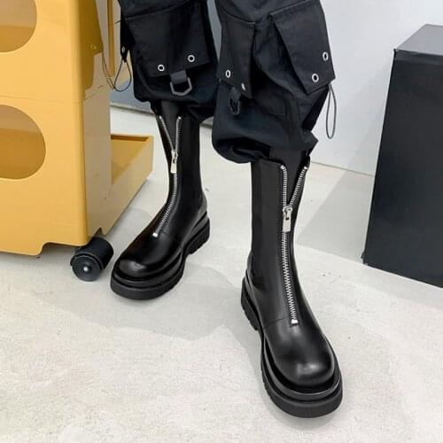 2021 Autumn/Winter Women Boots Round Toe Platform Shoes Women Genuine Leather Solid Thick Heel Mid-Calf Modern Boots for Women