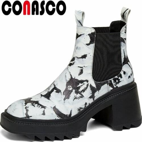 CONASCO Fashion Women Ankle Boots Autumn Winter Warm Cow Leather Party Prom Office Lady Shoes High Heels Punk Boots Woman