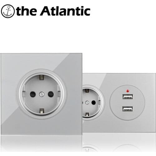 DE Standard Power Socket With Dual USB Charging Port Double Socket 2 Gang Socket Electrical Outlet Silver Gray Glass 86 146 Type