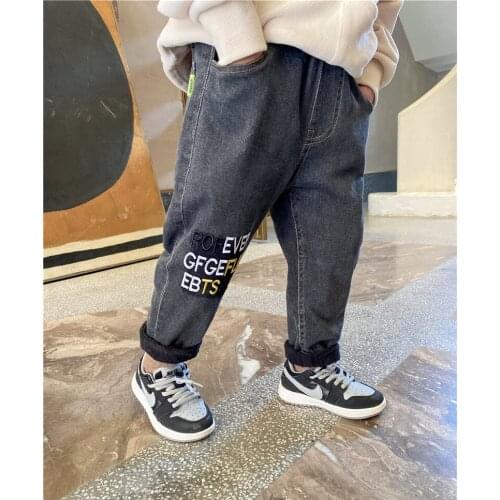 Kids Boys Thick Jeans Winter New Fashion Plus Velvet Baby Warm Jeans Pants Korean Letter Embroidery Black Denim Trousers for Boy