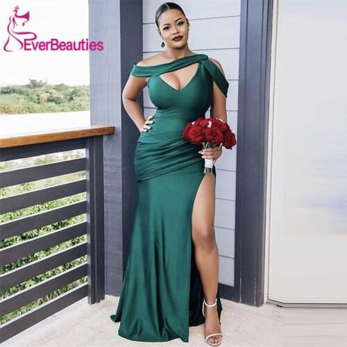 Green Bridesmaid Dresses Long 2020 African Mermaid Sweep Train Side Split Satin Wedding Party Dresses