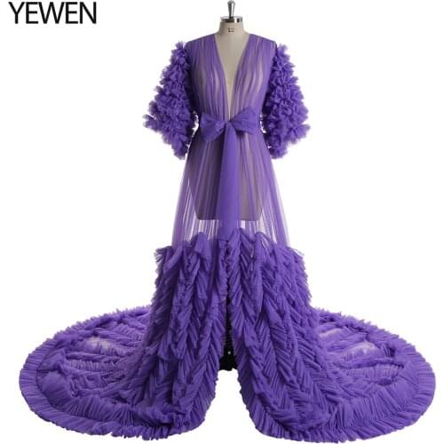 Purple Champagne V Neck Ruffle Tulle Prom Dress photoshoot Yewen maternity Dress