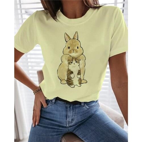 Women T-shirt Kawaii Pet Print Small Fresh Style Tshirt Summer Short Sleeve Loose O Neck Tops Cute Cat Basic Casual Tee Shirt