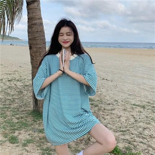 Summer Striped t-Shirt Womens Loose Short-Sleeved Vacation Summer Half-Sleeved Color Matching Girlfriend Top