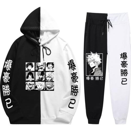 Man 2 Pieces Sets Anime My Hero Ones Justice Print Fashionable And Generous Patchwork Thin Hoodie+Patchwork Pants Summer