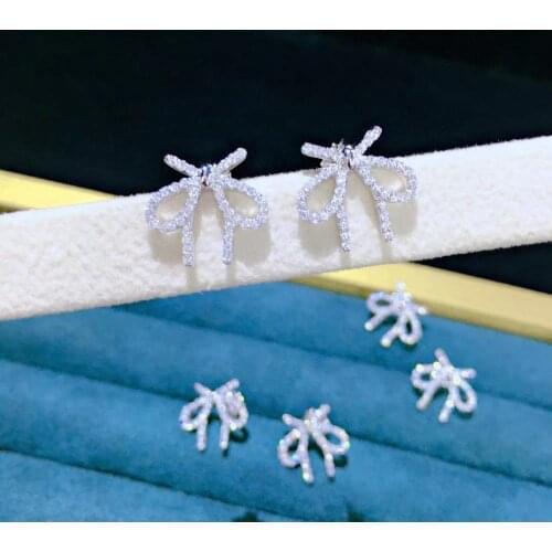 Cute 925 sterling silver with cubic zircon bowknot stud earring fine women jewelry free shipping