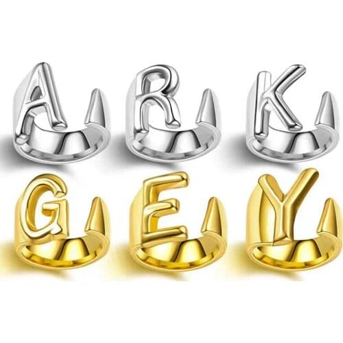 Fashion Chunky Wide Hollow A-Z Letter Silver Color Open Toe Rings Set for Women Girls Finger Ring Adjustable Jewellery Wholesale