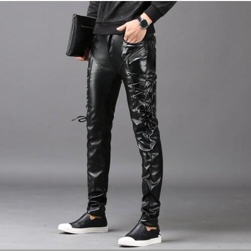 Plus velvet thickening personality fashion motorcycle faux leather pants mens feet pants pu trousers for men pantalon homme