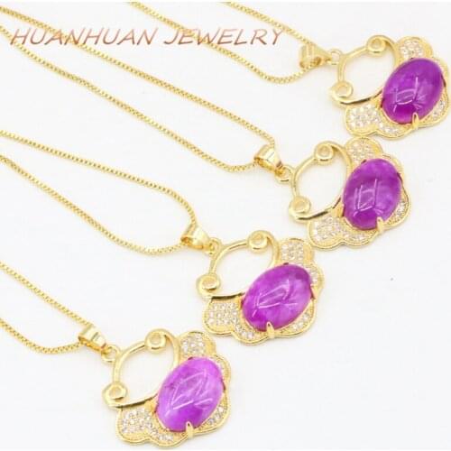 New Fashion Stone Pendant For Women Red Jades 24x25mm Zircon Gold-Color Chain Stainless Steel Charms Necklaces & Pendants B3357