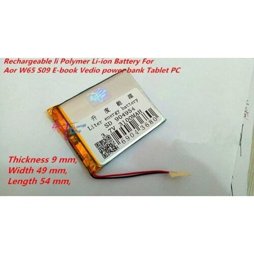 3.7V 3100mAh Rechargeable li Polymer Li-ion Battery For Aor W65 S09 E-book Vedio power bank Tablet PC mobile dvd Speaker 904954