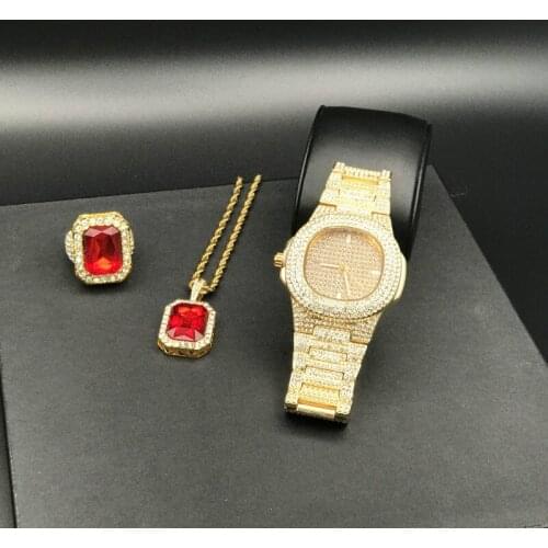 Luxury Men Gold Color Watch & Necklace & Ring Combo Set Ice Out Cuban Watch Bling Rapper Men Jewelry In Crystal Hip Hop For Men