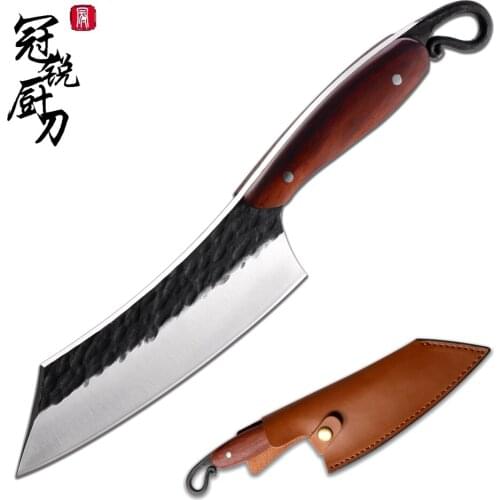 Hand Forged Chinese Cleaver Chef Kitchen Knife High Carbon Steel Butcher Outdoor BBQ Cooking Tool Leather Scabbard ECO Friendly