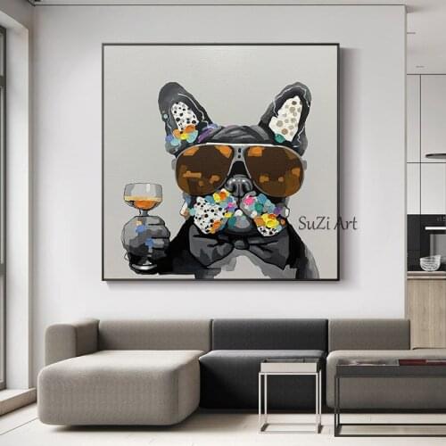 Hand Painted Cool Dog Canvas Oil Paintings Wall Art For Living Room Home Wall Decor Animals Pictures For Kids Room Art Decor