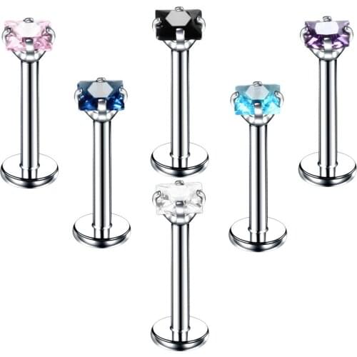 Blue CZ Suqare Labret Studs Cartilage Piercing Stud Star Tragus Lip Bar Helix