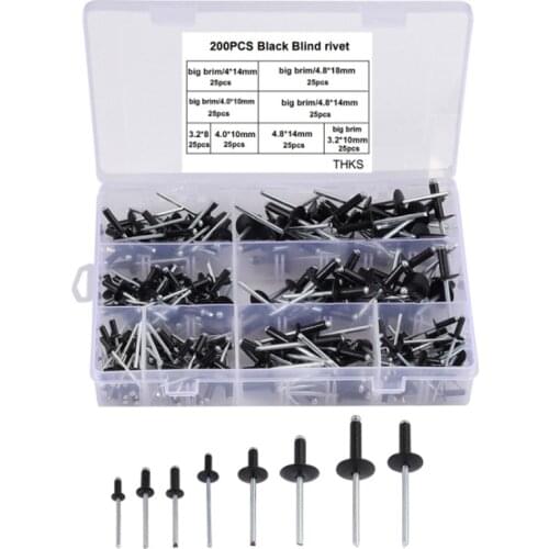 200pcs/kit 3.2/4.0/4.8mm Blind Rivet Kit Aluminum Rivet Fasteners Assortment Black For Construction, Automobile, Ship Used