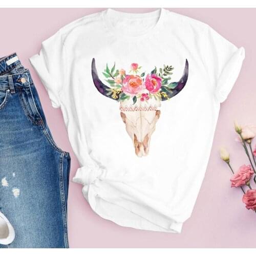 Bullhead With Peony Flowers Women Graphic Floral Cute Summer Casual Fashion Clothes Tops Tees Tshirt Aesthetic Print Female