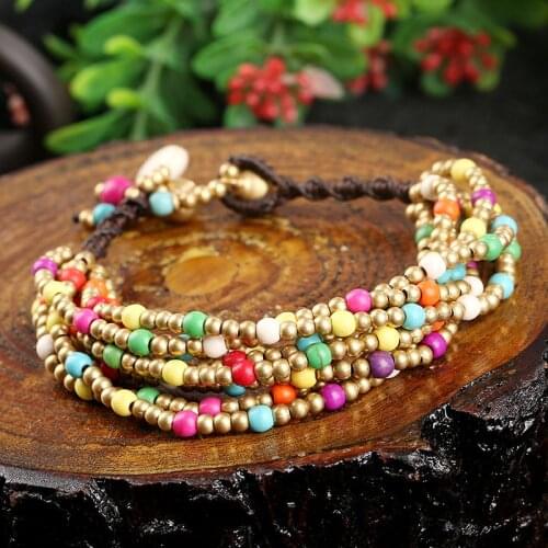 Bohemian Ethnic Style Retro Turquoise Womens Bracelet Wax Rope Hand-woven Multi-layer Beach Style Creative Couple Female Bangle