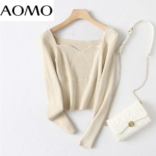 AOMO Women 2021 Sexy Square Collar Knitted Sweater Jumper Female Pullovers Chic Tops YU116A