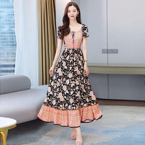 Short Sleeve Lady High-End Summer Dress 2021 New Cotton Large Size Fashion Beach Dress Female Printed Boho Women Clothing zh747