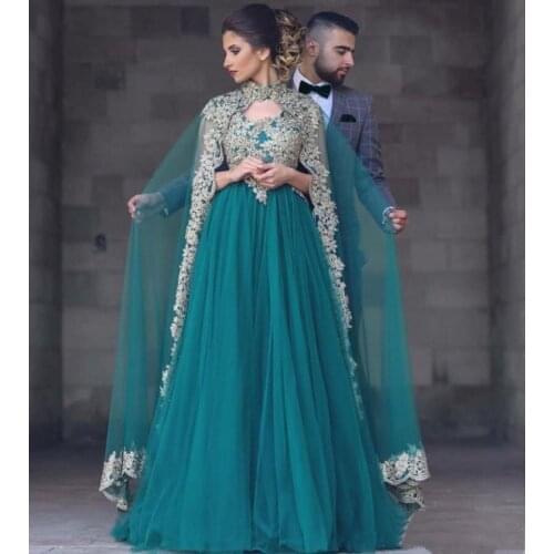 Elegant Hunter Arabic Dubai Women Formal Evening Dresses With Long Wrap High Collar Appliques Lace Tulle Prom Dress Party Gowns